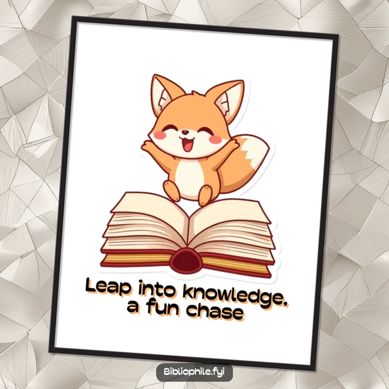 Funny Free Printable Wall Art: A happy fox in mid-air, leaping energetically over an open book with excitement.