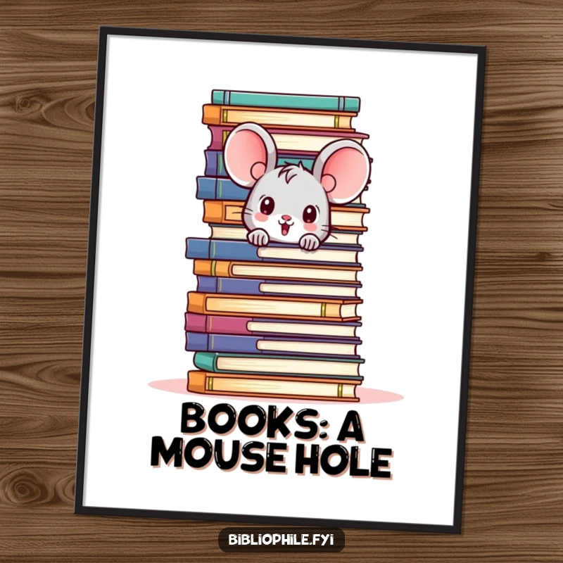 Funny Free Printable Wall Art depicting a cute mouse peeking out from behind a towering pile of books, adding charm.