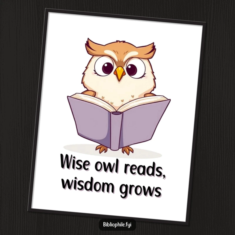 Funny Free Printable Wall Art showing a cute owl deeply engrossed in reading a large book, perfect for book lovers.
