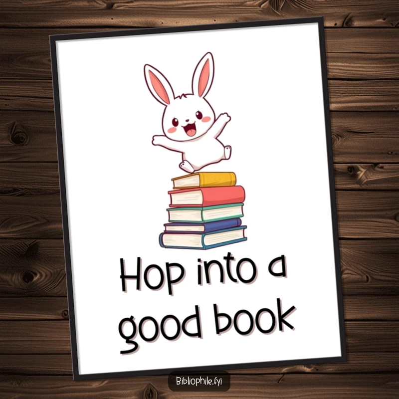 Funny Free Printable Wall Art featuring a cute rabbit enthusiastically leaping over a stack of novels, capturing pure joy.