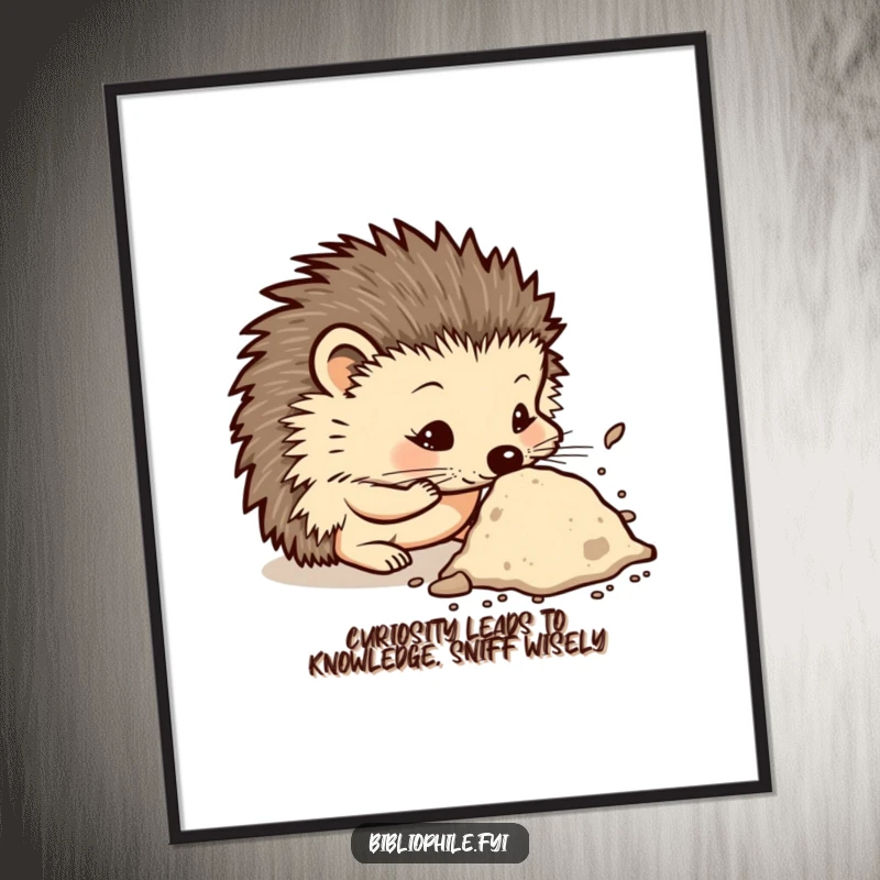 Funny Free Printable Wall Art: A curious hedgehog engrossed in sniffing a dusty, ancient tome, evoking studious charm.
