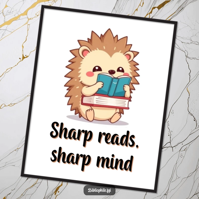 Quirky free printable wall art of a kawaii hedgehog balancing a book on its spines, bringing bookish humor and charm.