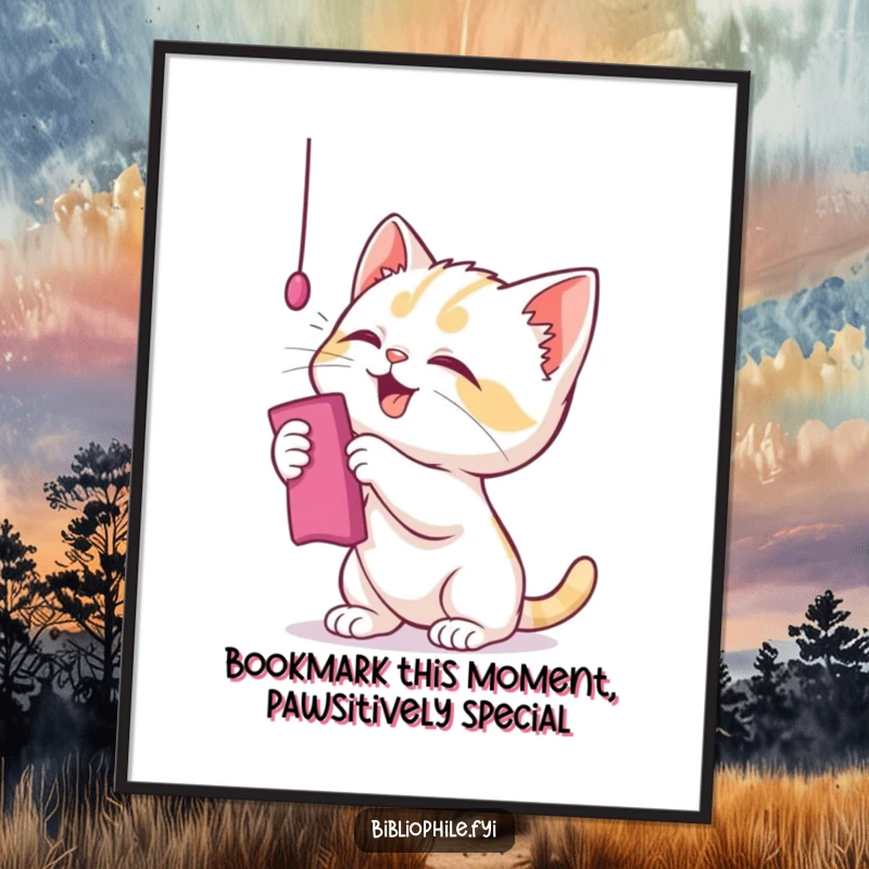Funny Free Printable Wall Art: A cute kitten playfully batting at a dangling bookmark with mischievous delight.