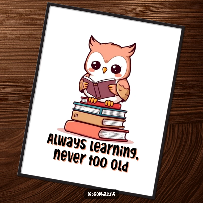 Funny Free Printable Wall Art: An adorable owl perched on a book stack, engrossed in reading with a smile.