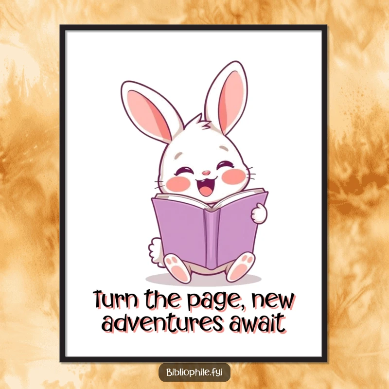 Funny Free Printable Wall Art: A cheerful rabbit with bright eyes, excitedly turning a page in a book.