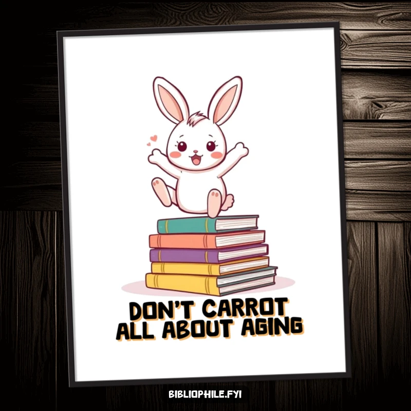 Funny Free Printable Rabbit Wall Art: An energetic rabbit character bouncing excitedly on a pile of storybooks. Downloadable art.