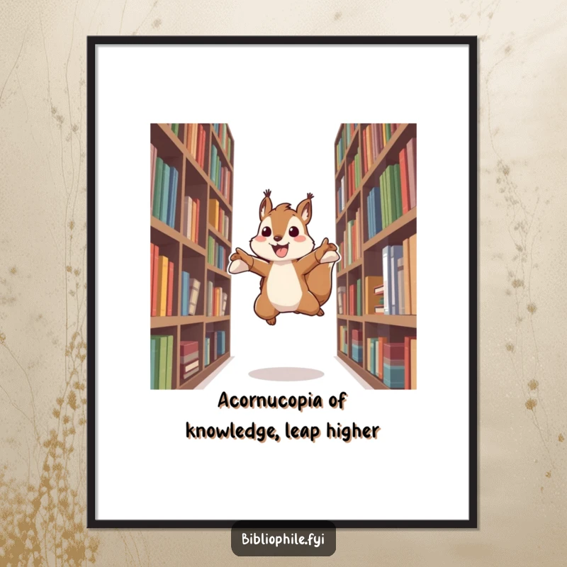 Funny Free Printable Wall Art: An energetic squirrel mid-leap between towering bookshelves, bringing dynamism and humor to your wall.