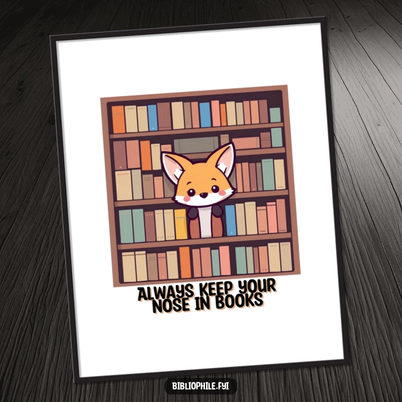 Funny Free Printable Wall Art: A curious fox playfully peeking from behind a tall bookshelf, full of wonder.
