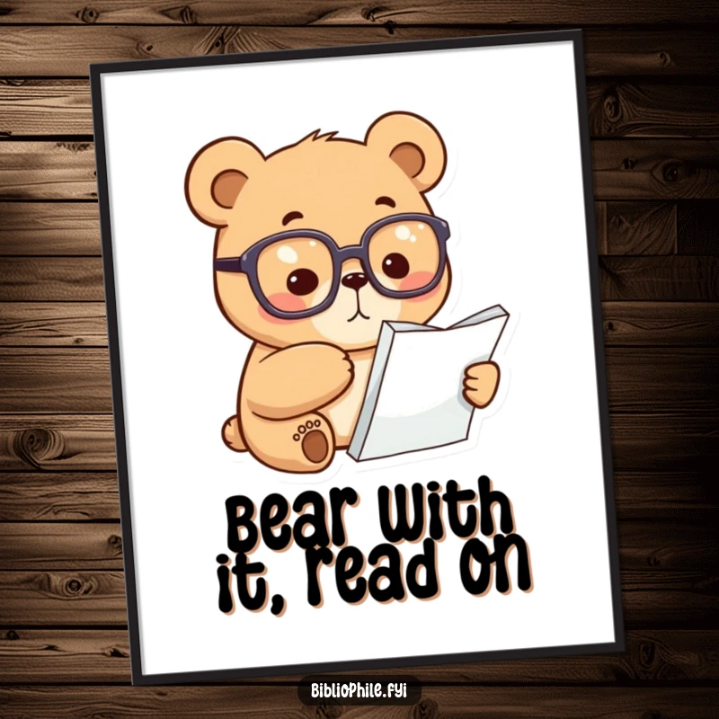 Funny Free Printable Wall Art: A focused bear wearing reading glasses, intently pointing at a page in a book.