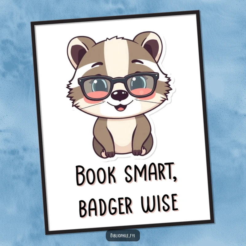 Funny Free Printable Wall Art: A cheerful badger wearing reading glasses, looking intellectual and cozy, perfect for a book lover's wall.