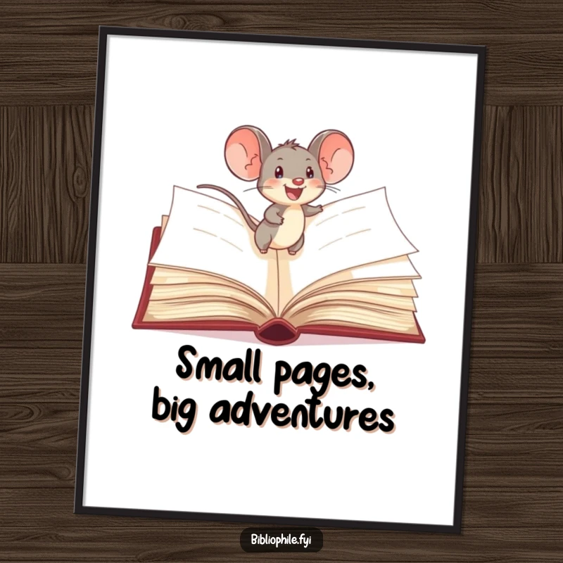 Funny Free Printable Wall Art: A delighted mouse scurrying across the open pages of a giant, magical storybook.