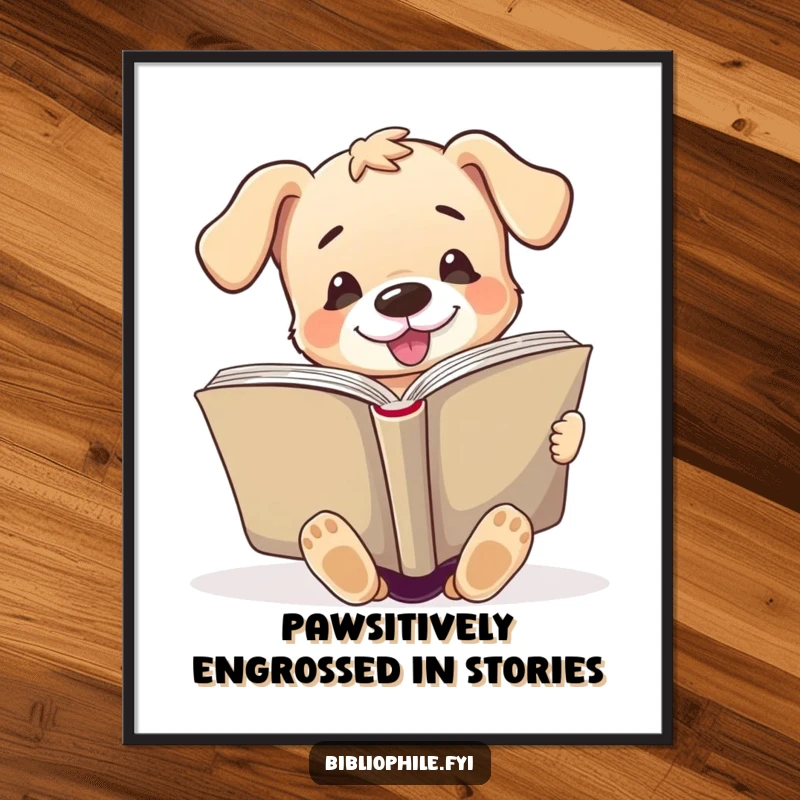 Funny Free Printable Wall Art: A cute puppy is enthusiastically absorbed in reading a massive, open book, a cozy scene.