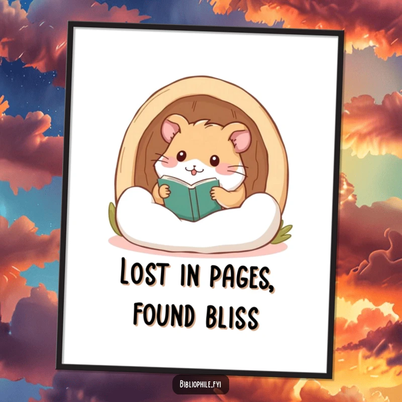 Funny Free Printable Wall Art: A charming hamster nestled contentedly in its cozy reading nook, radiating peace and joy.