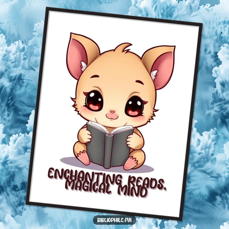 Funny Free Printable Wall Art: A tiny creature with expressive wide eyes absorbed in a glowing, ancient magical tome.