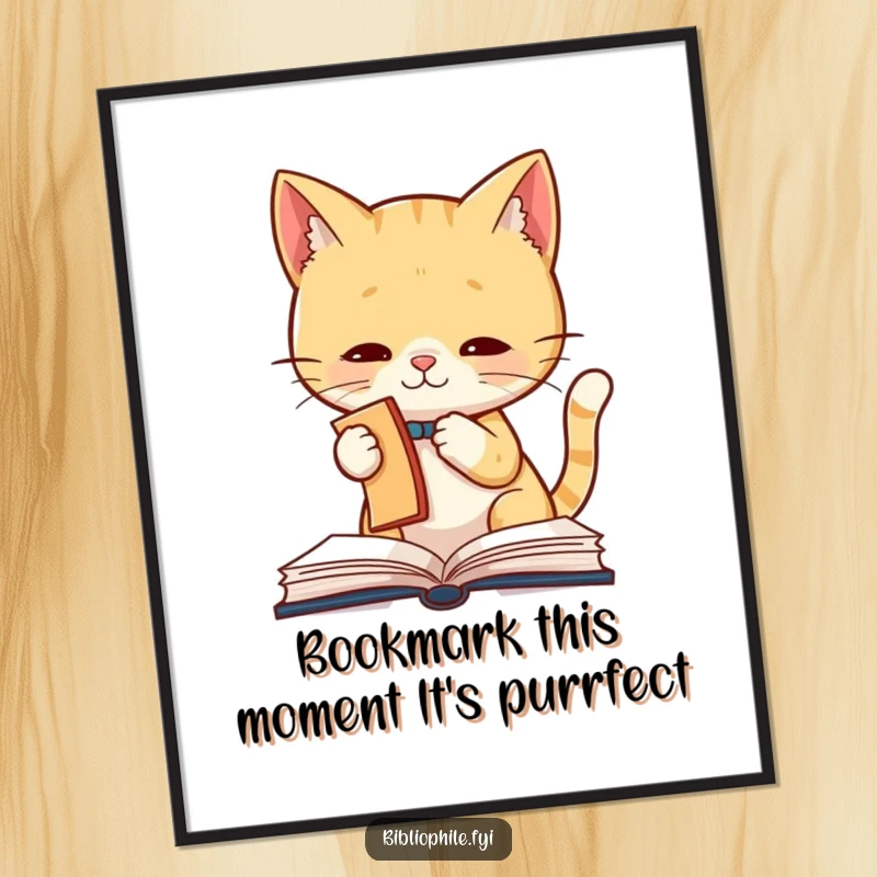 Funny Free Printable Wall Art: A cute cat caught in the act of playfully batting a bookmark from a book.