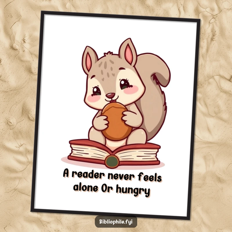 Funny Free Printable Wall Art: A cute squirrel peeking from behind a book where it's hiding a nut, quirky downloadable art.