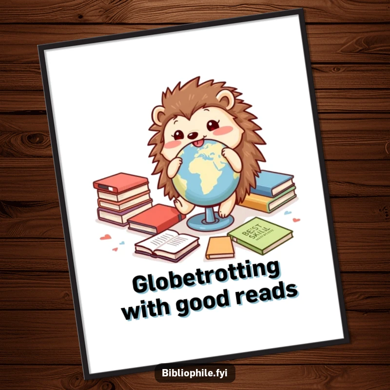 Funny Free Printable Wall Art: Cheerful hedgehog rolling a globe among scattered books, inspiring curiosity.