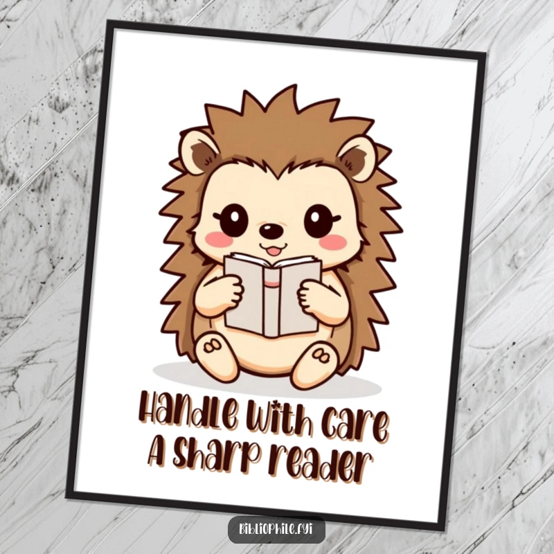 Funny Free Printable Wall Art: A cute hedgehog carefully carrying a treasured small book.
