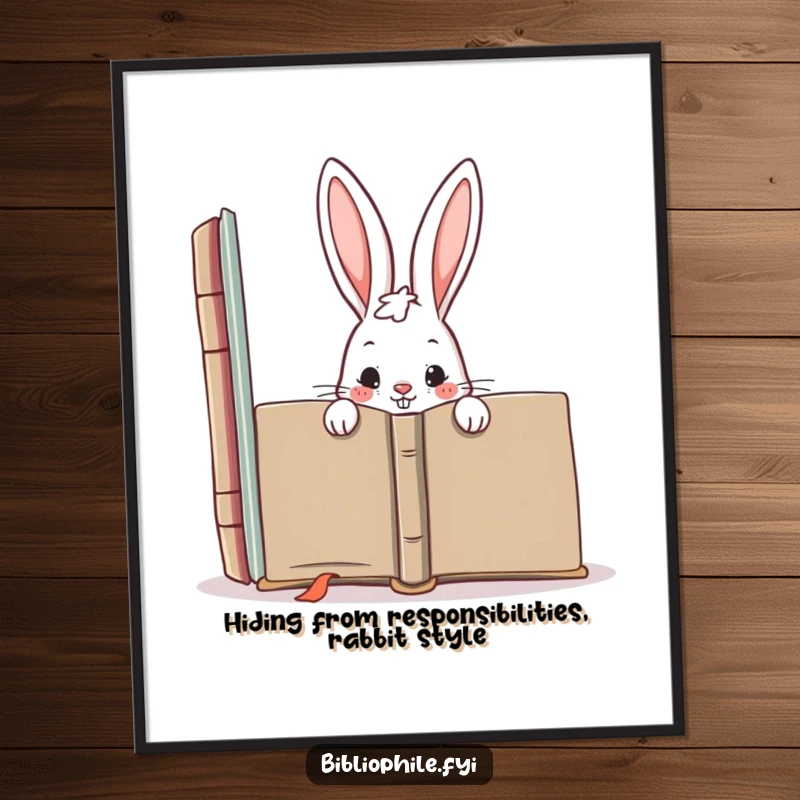 Funny Free Printable Wall Art: A mischievous rabbit hiding behind a colossal book, creating a playful and intriguing art piece.
