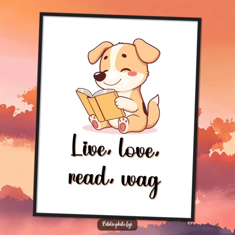 Funny Free Printable Wall Art showing a cute dog wagging its tail enthusiastically while deeply engrossed in reading a story.