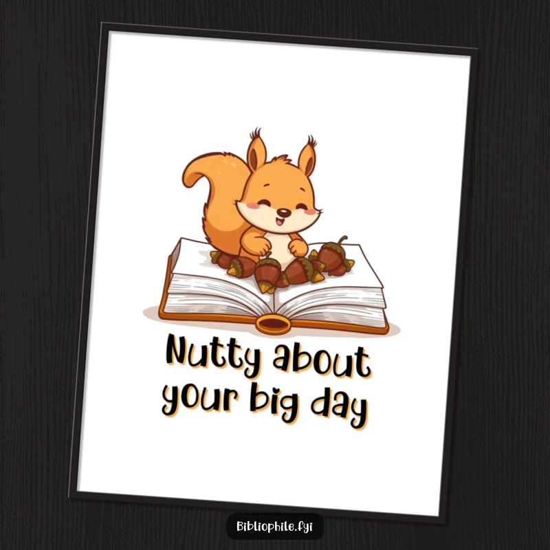 Funny Free Printable Squirrel Wall Art: A happy squirrel burying acorns within the pages of a large book. Downloadable art.