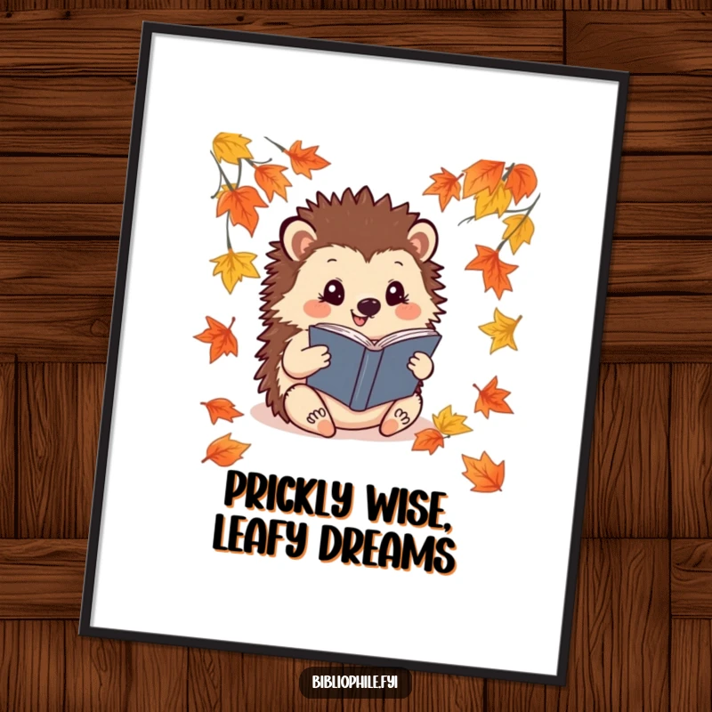 Funny Free Printable Wall Art: A cheerful hedgehog enjoying a book while nestled amongst colorful fallen leaves.