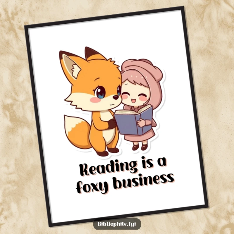 Funny free printable wall art: Sweet fox character shares a joke with a book character, creating a scene of shared mirth.