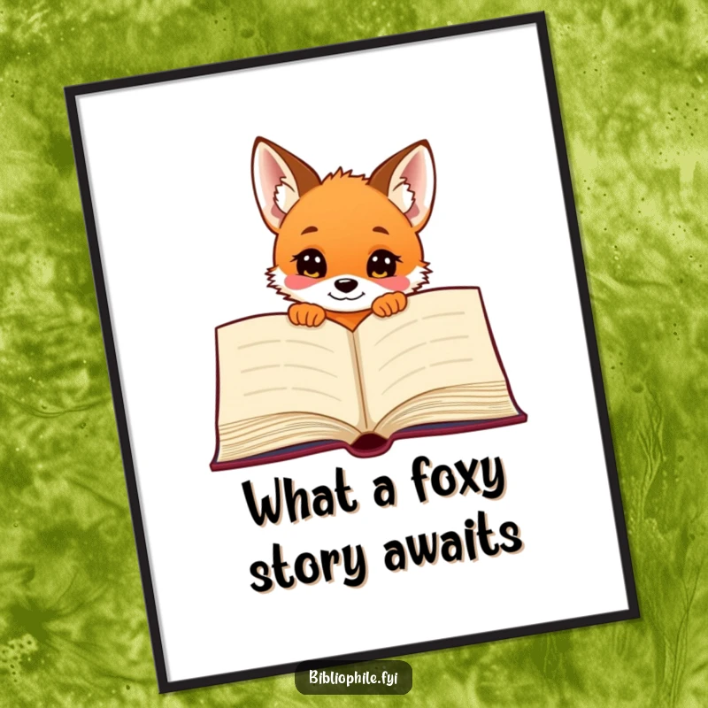 Funny Free Printable Wall Art: A curious fox puppy peeks from behind a giant open book, full of playful wonder.
