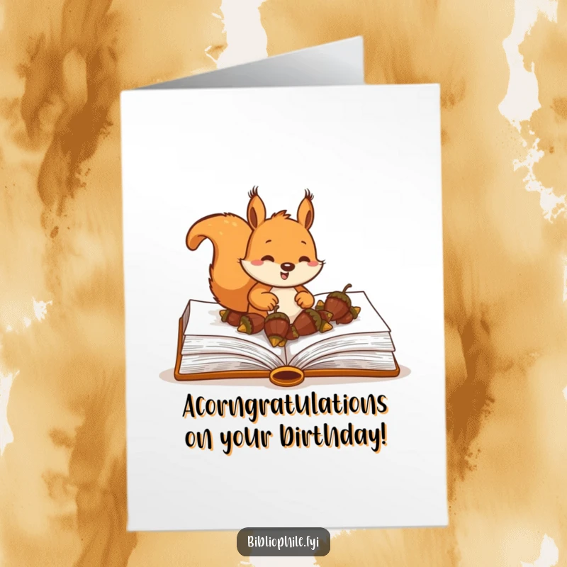Funny Free Printable Birthday Card: A happy squirrel burying acorns in a book, celebrating a birthday. Downloadable art.
