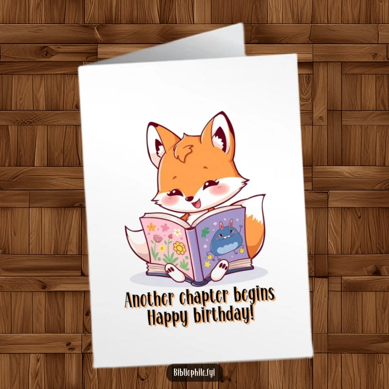 Funny Free Printable Birthday Card: Excited Fox Avidly Reading Illustrated Book, A Bookworm's Delight