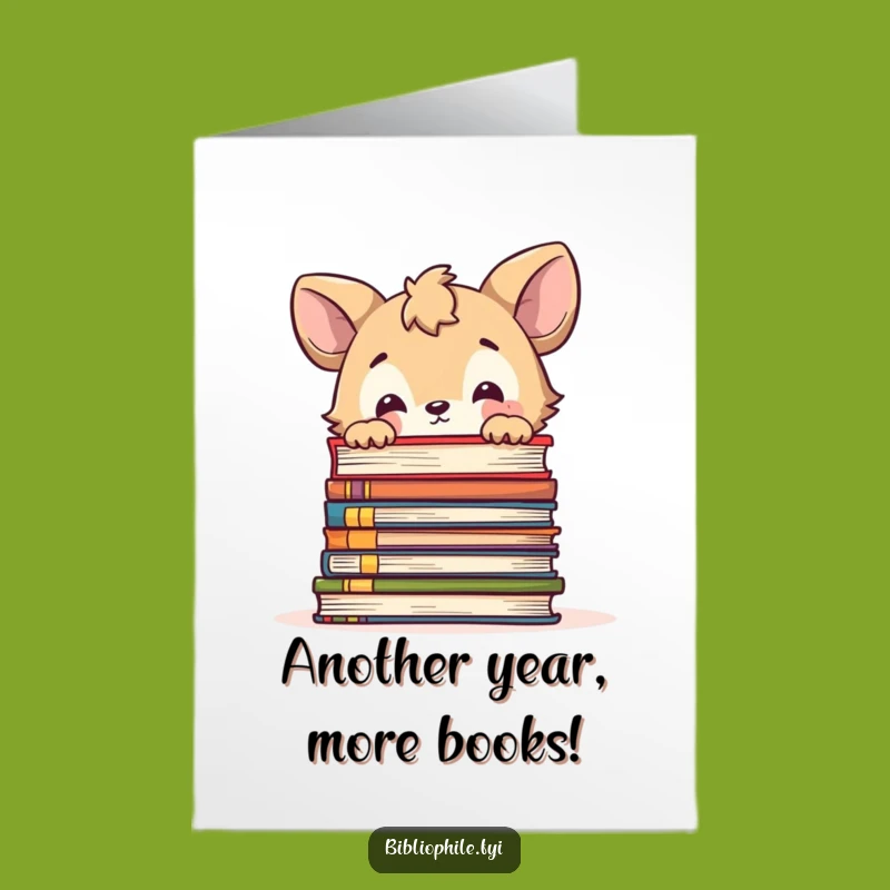Free Printable Birthday Card: Curious Animal, Book Stack Peek, Downloadable Joy