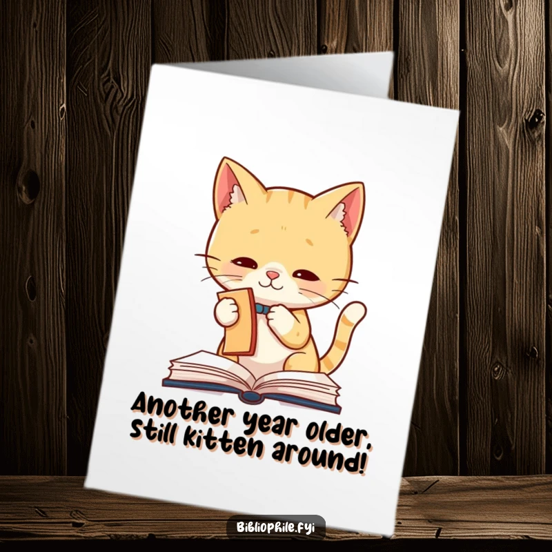 Funny Free Printable Birthday Card: Cute cat batting at a bookmark, a playful scene for cat lovers.