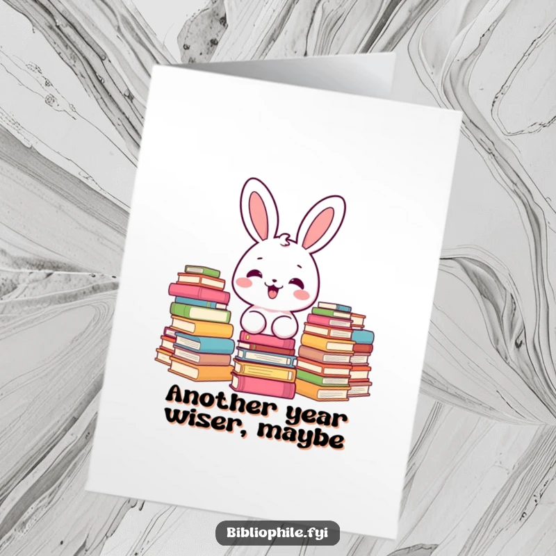 Funny Free Printable Birthday Card with a delighted kawaii bunny surrounded by books, celebrating with a whimsical downloadable greeting.