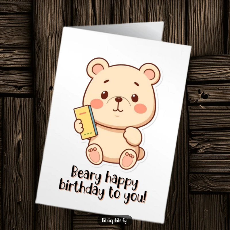 Funny Free Printable Birthday Card: A cute bear beams proudly while holding a tiny, adorable bookmark.