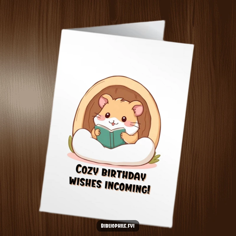 Funny Free Printable Birthday Card: A cute hamster blissfully burrowing in a soft reading nook, radiating happiness.