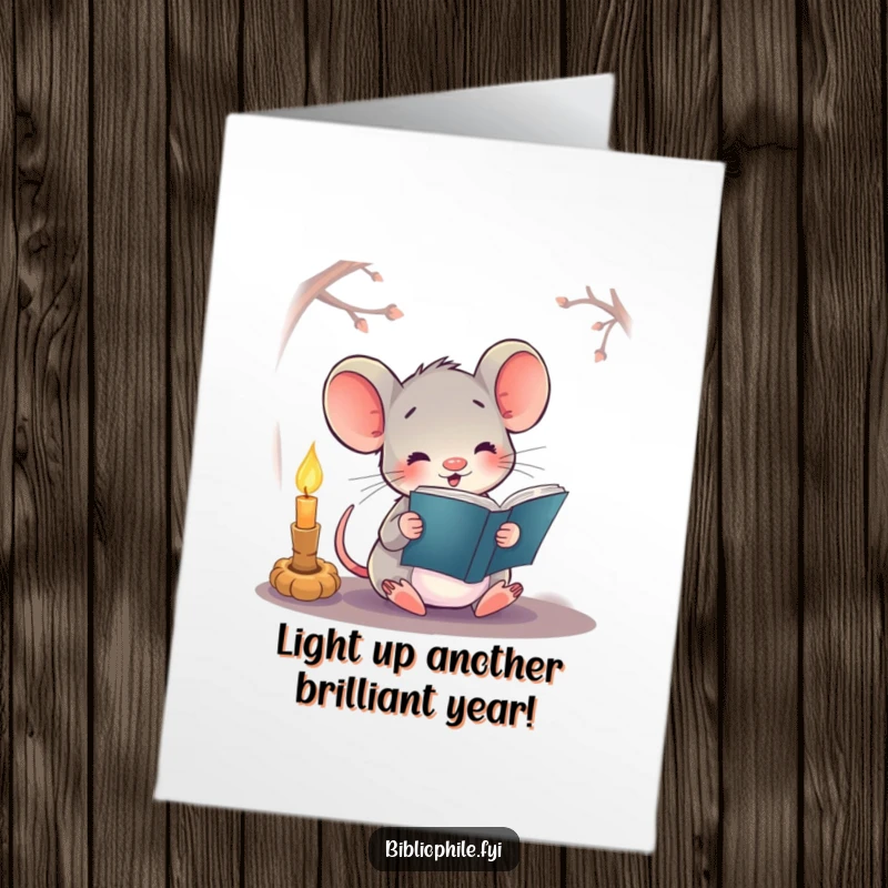 Free Printable Birthday Card: A happy mouse reads a book by candlelight, a cozy and whimsical DIY greeting card.