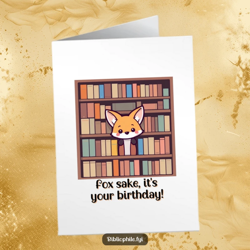 Funny Free Printable Birthday Card: A curious fox peeking from behind a bookshelf, ready to wish a happy birthday.