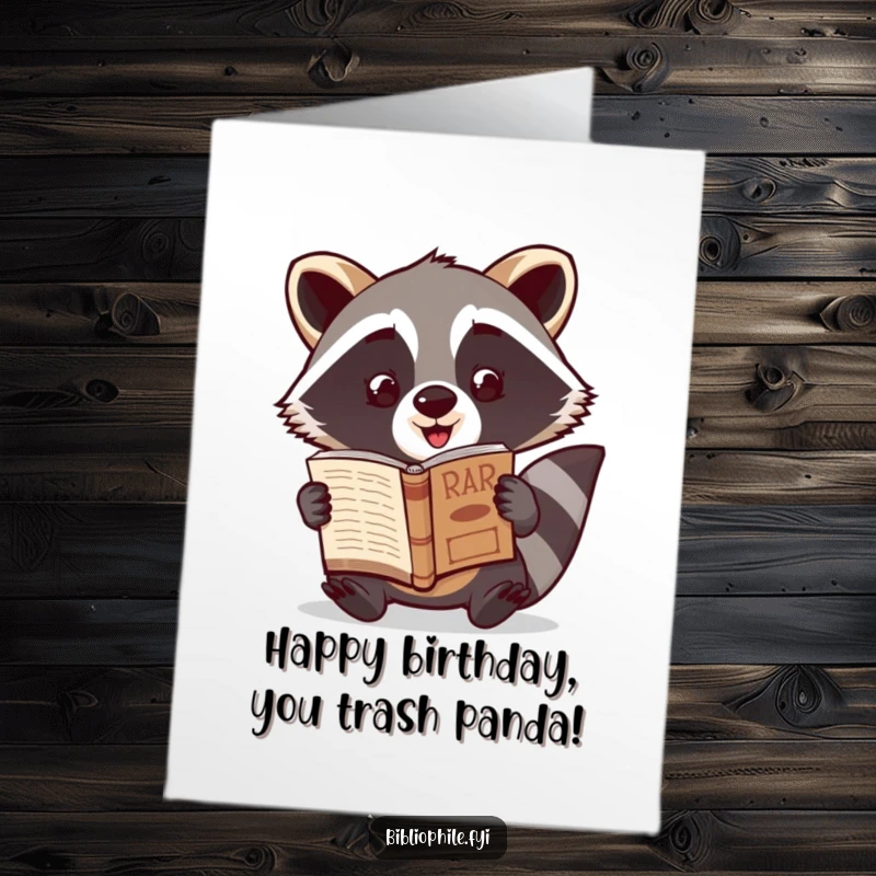 Funny Free Printable Birthday Card: An excited raccoon proudly shows off a rare book.