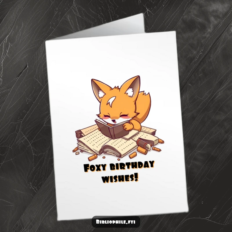 Funny Free Printable Birthday Card: Playful fox enthusiastically digs through a pile of old, forgotten manuscripts.