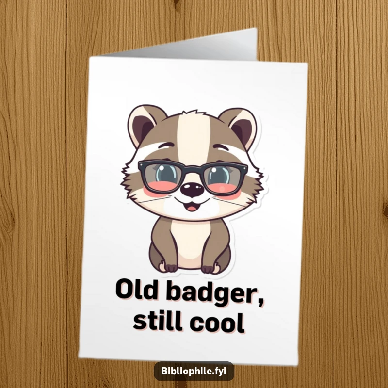 Funny Free Printable Birthday Card: Cheerful badger wearing reading glasses, engrossed in a book, ready for a birthday celebration.