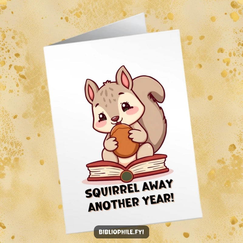Funny Free Printable Birthday Card featuring a cute squirrel secretly hiding a nut inside a book, a hilarious DIY gift.