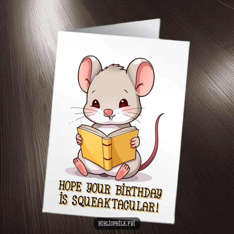 Funny Free Printable Birthday Card: A cute mouse reading a tiny book upside down, looking amused.