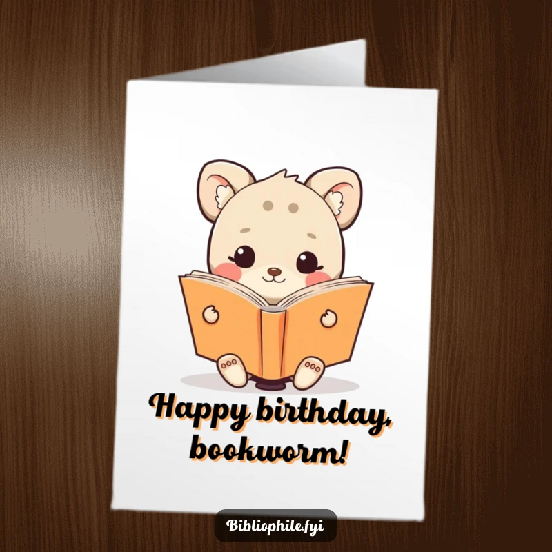 Funny Free Printable Birthday Card: A cute animal joyfully reading an oversized, open book, celebrating a birthday with enthusiasm.