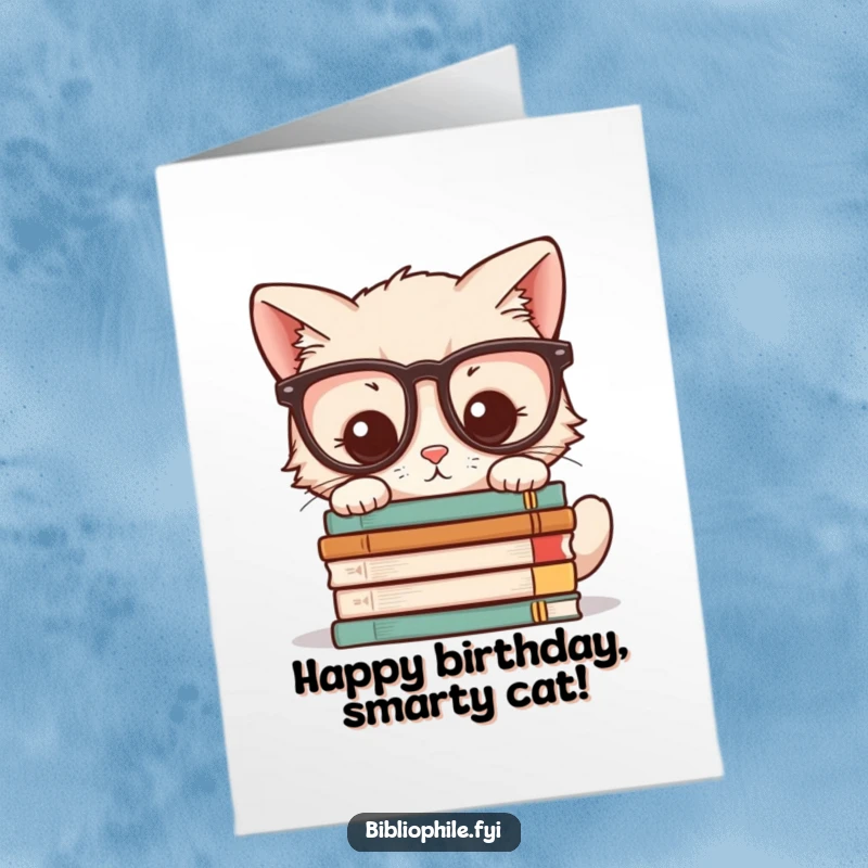 Funny Free Printable Birthday Card: A kawaii kitten wearing glasses peers studiously at a tall stack of novels, a scholarly scene.