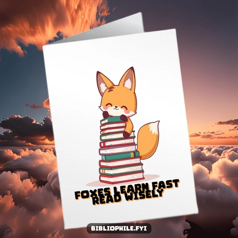 Funny Free Printable Birthday Card: Cute fox character hilariously stacking books high, a clumsy but joyful celebration.