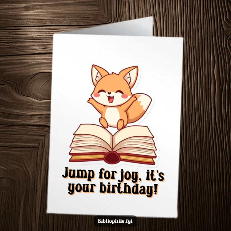 Funny Free Printable Birthday Card: A happy fox exuberantly leaping over an open book with wide eyes.
