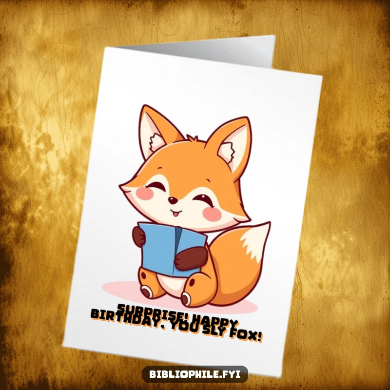 Funny Free Printable Birthday Card: A smiling fox with a mischievous grin discovering a delightful pop-up, perfect for birthday surprises.