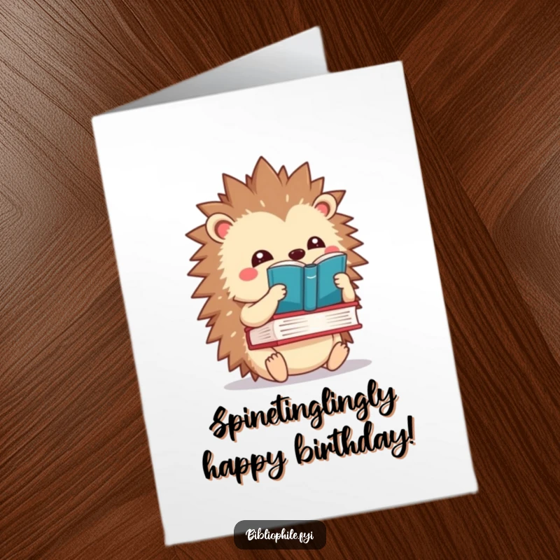 Funny free printable birthday card featuring a kawaii hedgehog balancing a book on its spines, a delightful surprise for readers.