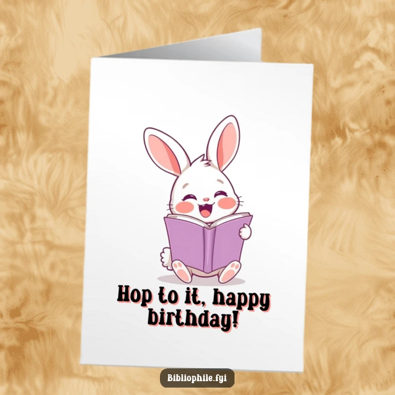 Funny Free Printable Birthday Card: A cheerful rabbit with wide eyes, eagerly turning a page in a book.