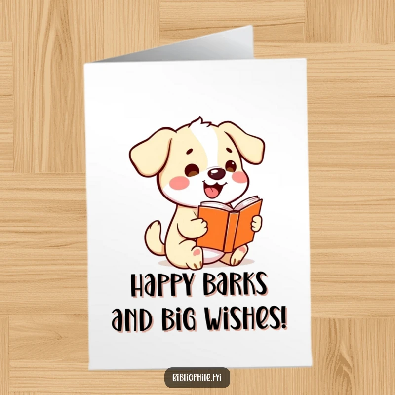 Joyful free printable birthday card featuring a kawaii dog wagging its tail excitedly while holding a storybook, spreading happy vibes.
